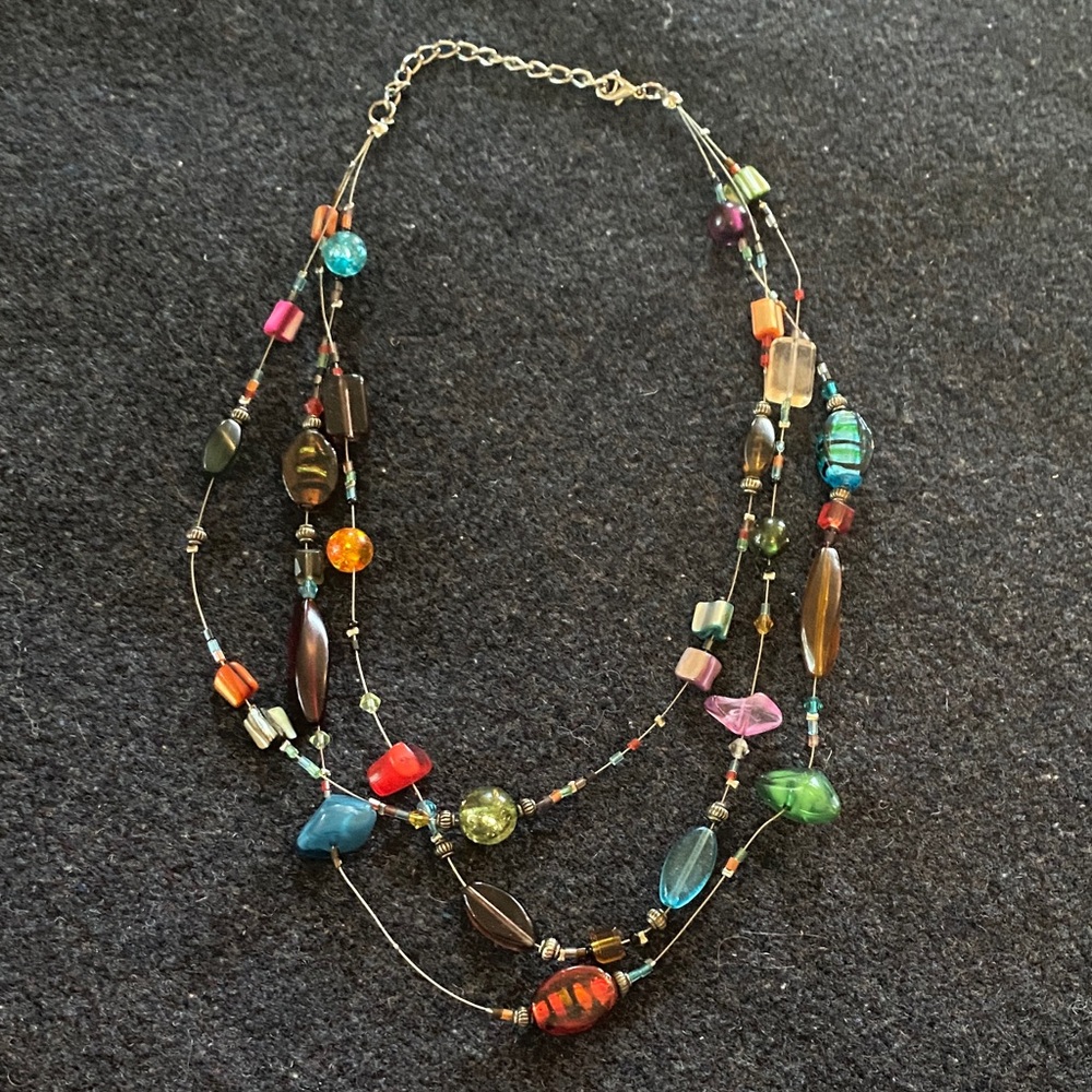 Multicolor Three Strand Beaded Necklace with Adjustable Clasp